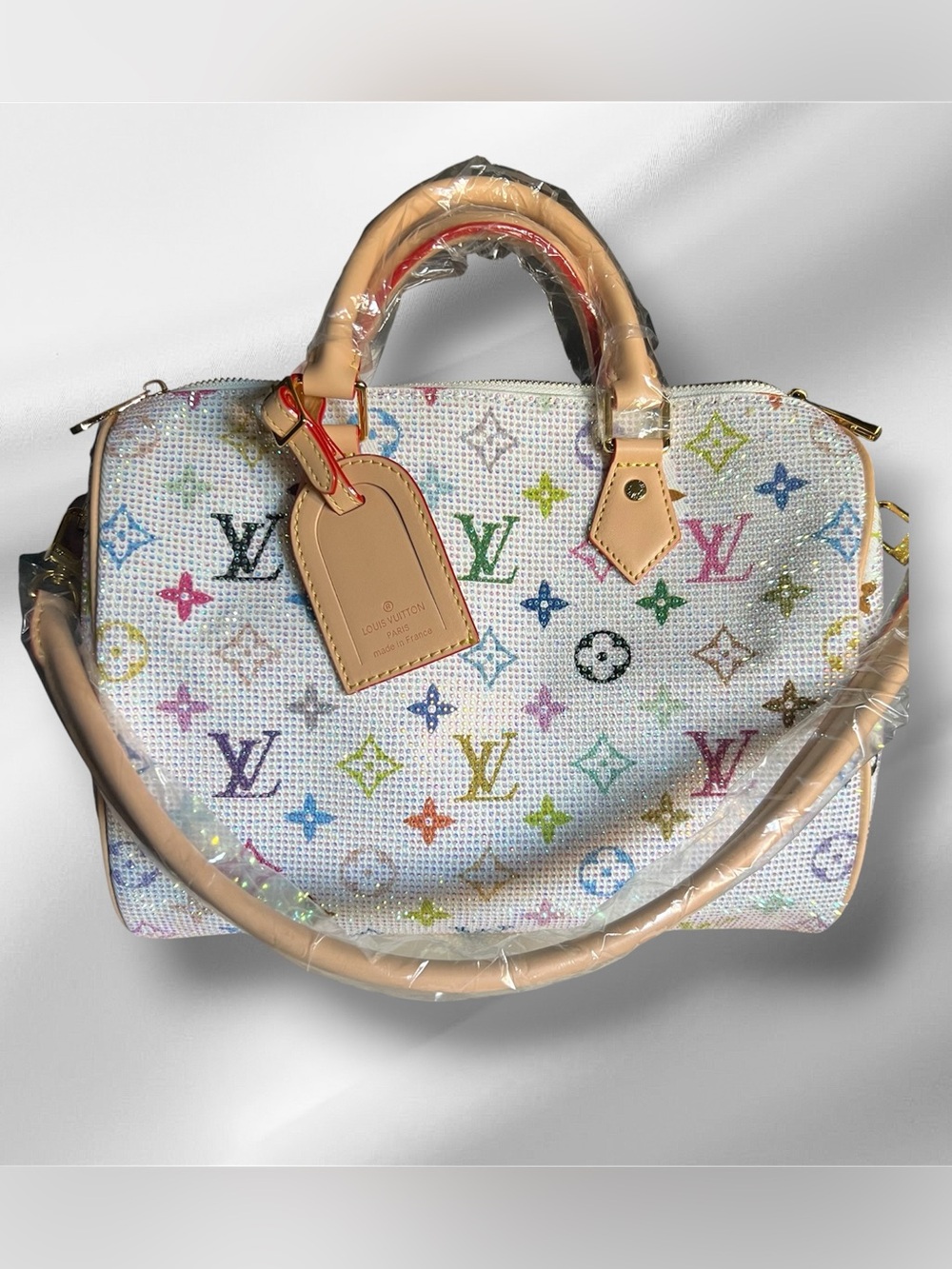 BLING Luxury Designer White Multicolor Crystal Sparkly Monogram Satchel-NWOT